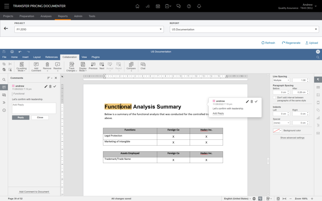 Transfer Pricing Documenter report layout