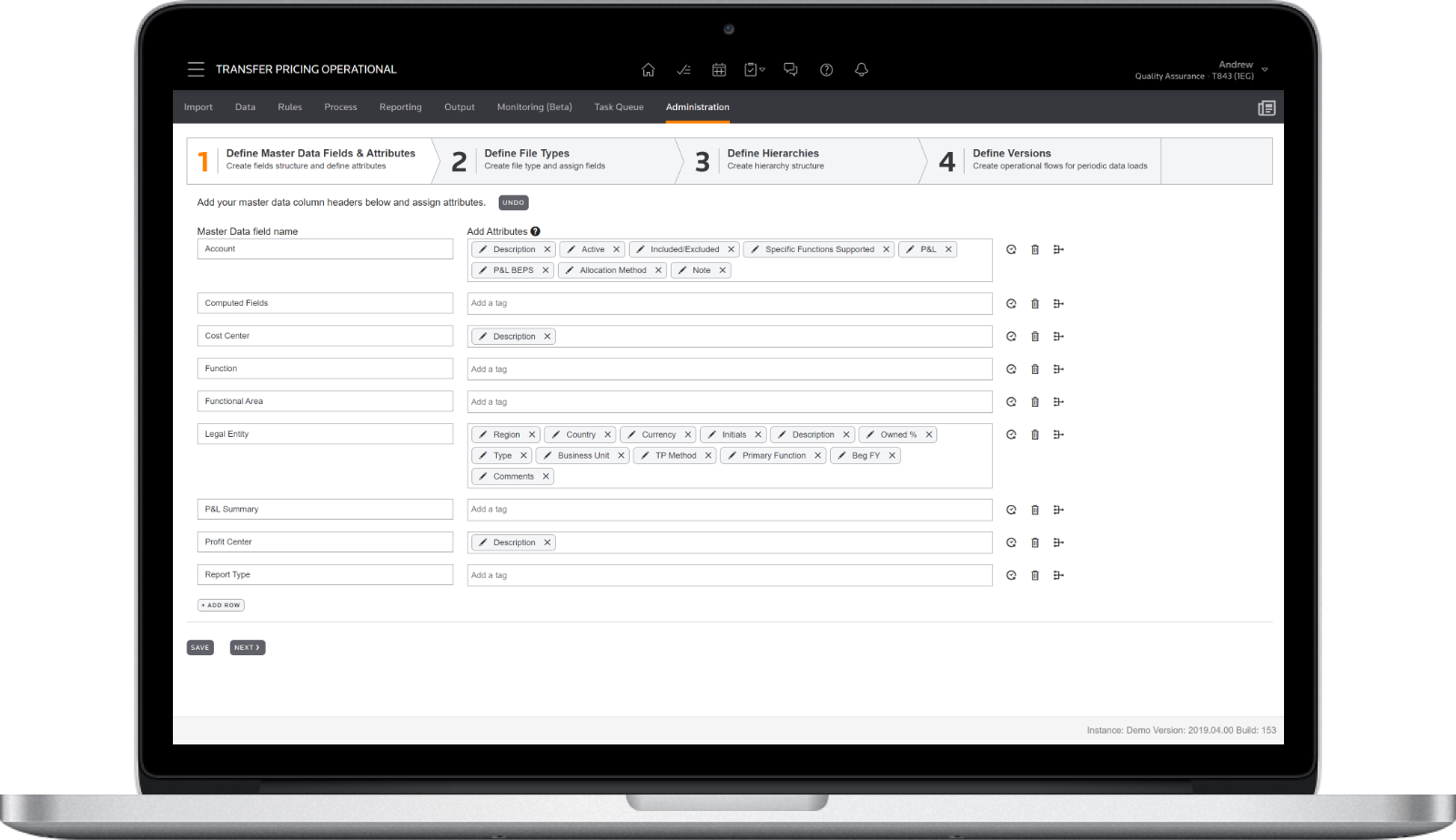 Transfer Pricing Operational master data